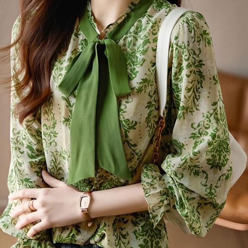 

Рубашка «Офисная леди сломанные цветы» Весна Осень Воротник-стойка Шикарный бант на кулиске Женская одежда Для работы Однобортная блузка XXXL зелёный