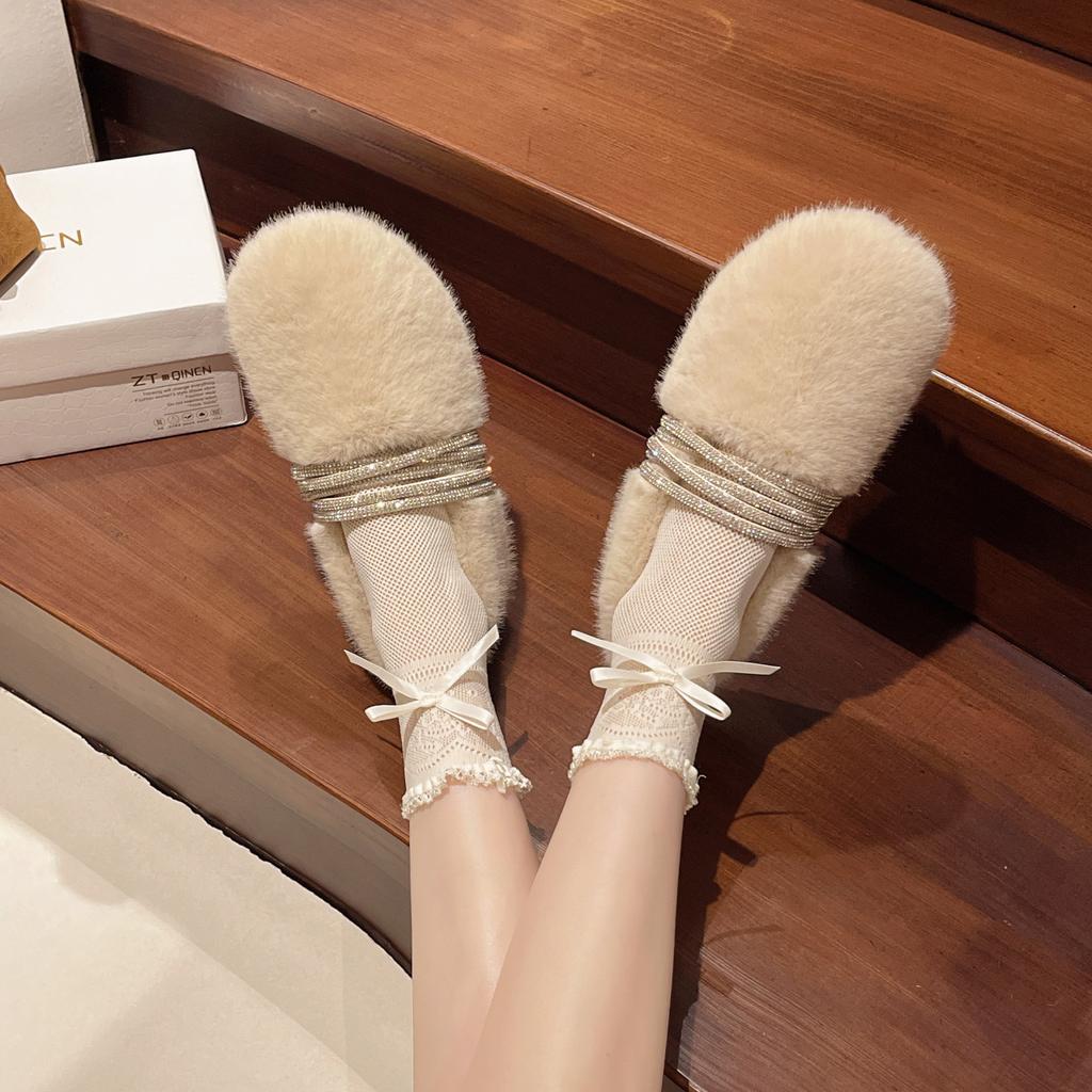 Fashion Retro Style Simple Rhinestone Word Mary Jane Shoes Women's 2025 Winter New Wear Light Mouth Wool Cotton Shoes