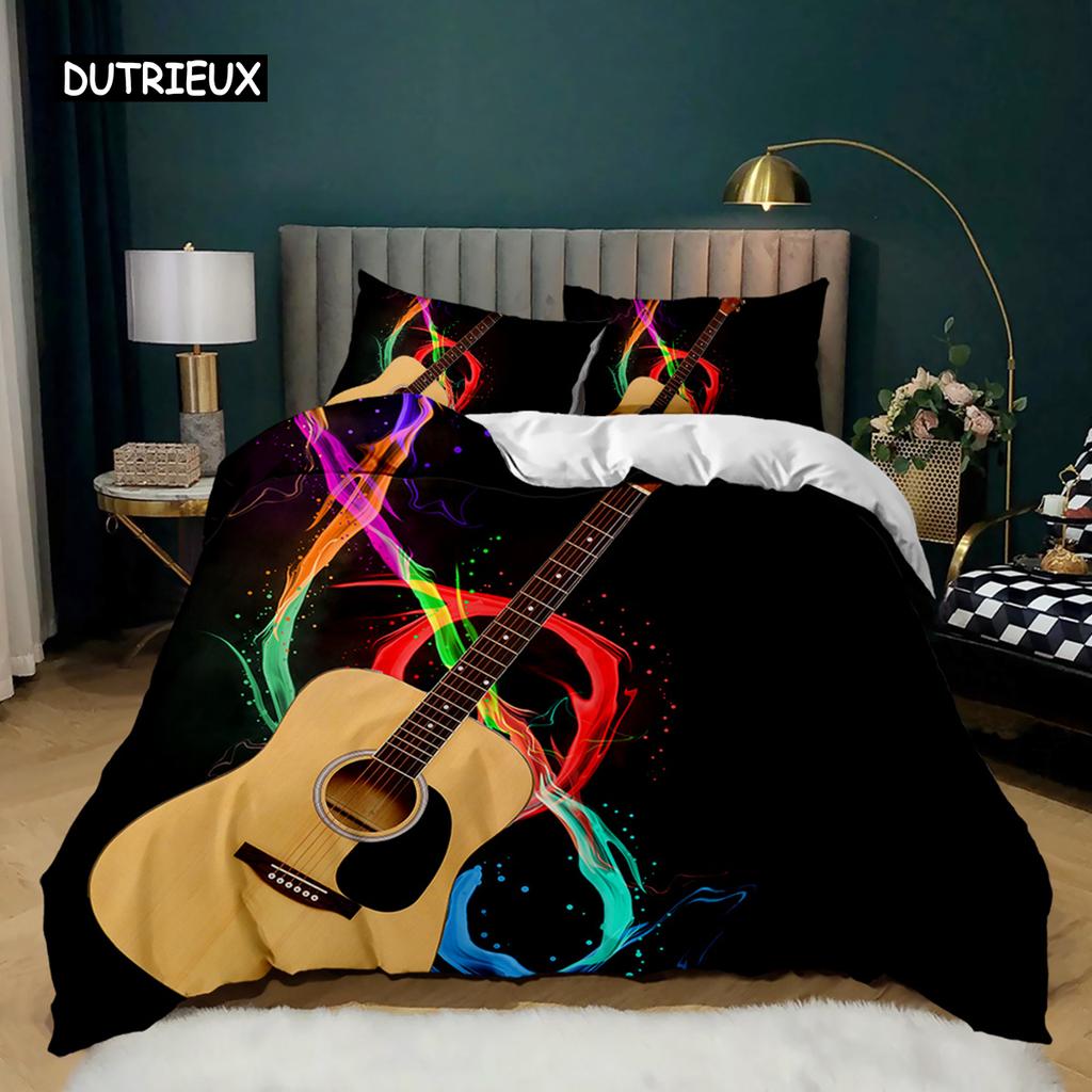 Guitar Duvet Cover Set Electric Guitar In Burning Musical Creativity Concept Music Double Queen King Size Polyester Qulit Cover