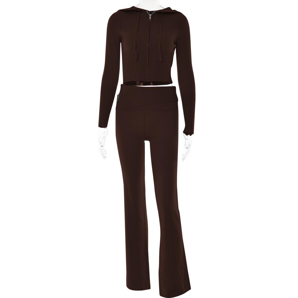

2 New Knitted Hooded Suit Women s Fashion Sexy High Waist Long Sleeve Pants Two-piece Set M