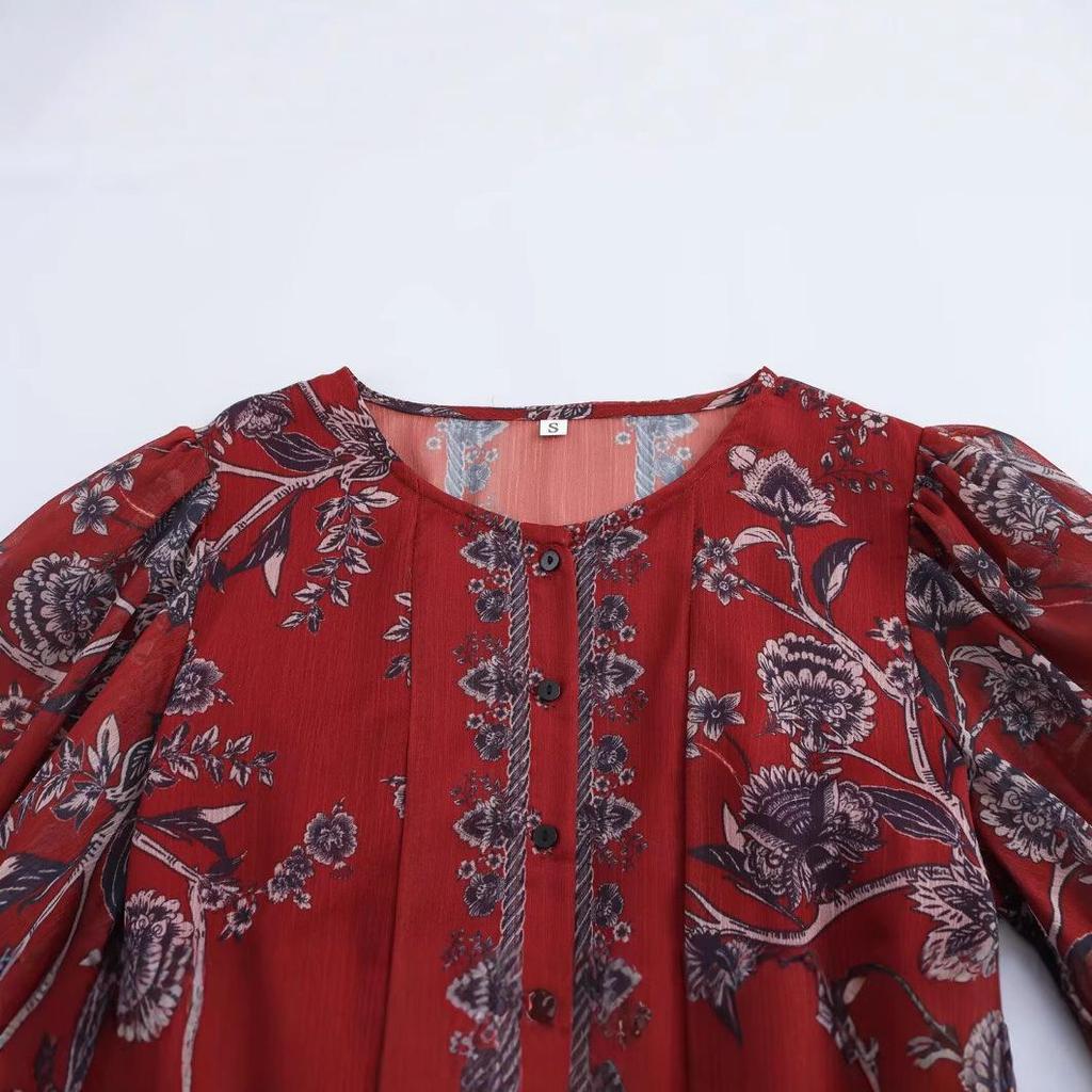 2025 Spring Women's Printed Round Neck, Fitted Waist Top - European & American Fashion Style