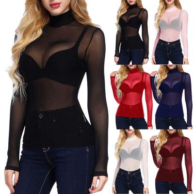 Sexy, ultradünnes, dehnbares, eng anliegendes, langärmeliges Hemd mit halbhohem Kragen für den Sommer für Damen