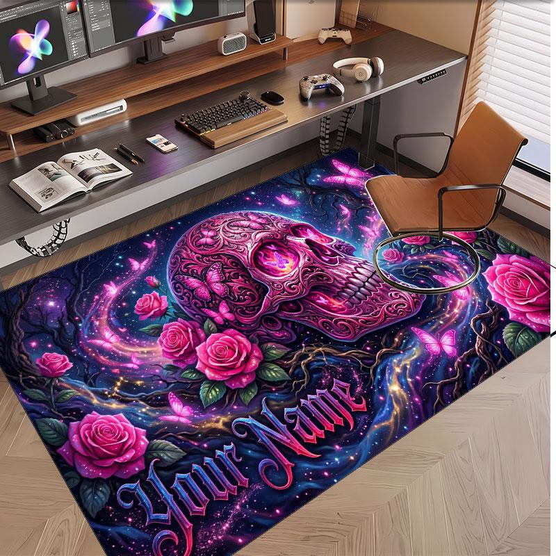 Totenkopf Gothic Thema Weicher Kristall-Samt Teppich Benutzerdefinierter Name & Text Druck Rutschfester Boden Teppich für Schlafzimmer Wohnzimmer