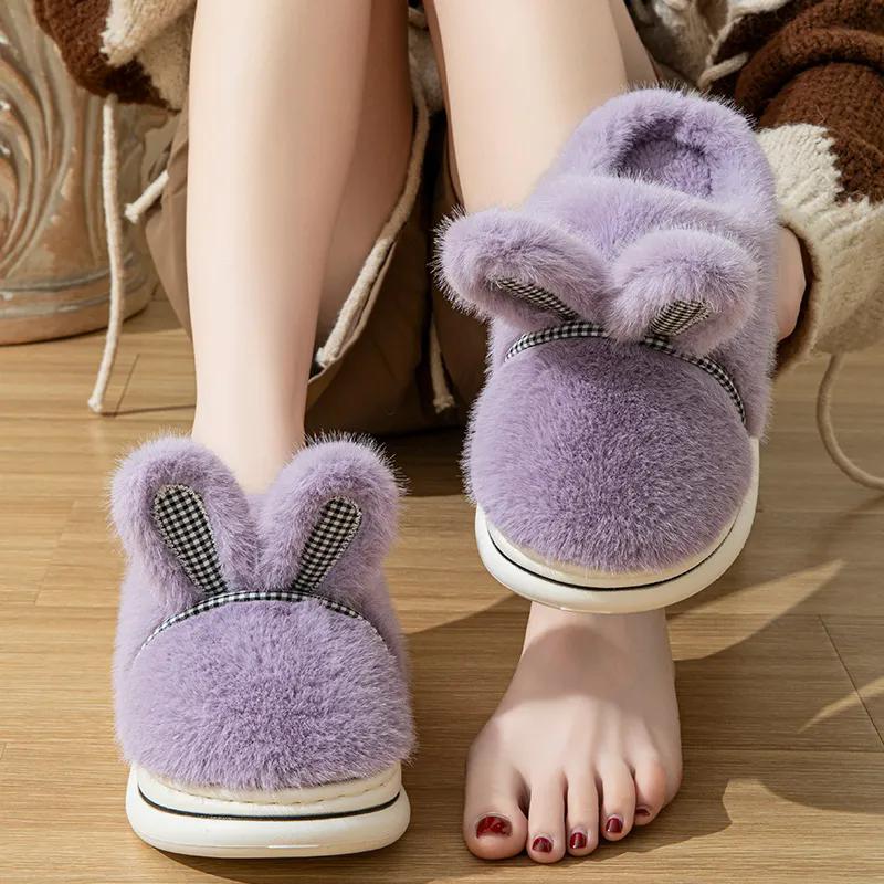 WTEMPO Cute Rabbit Hair Autumn Winter Cotton Slippers Women's Thick Bottom Indoor Home Plush Warm Slippers