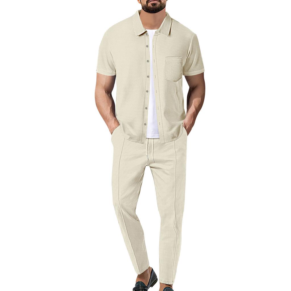 Herren Revers Button Up Cardigan Kurzarm Lange Hosen Lässiges Zweiteiliges Set