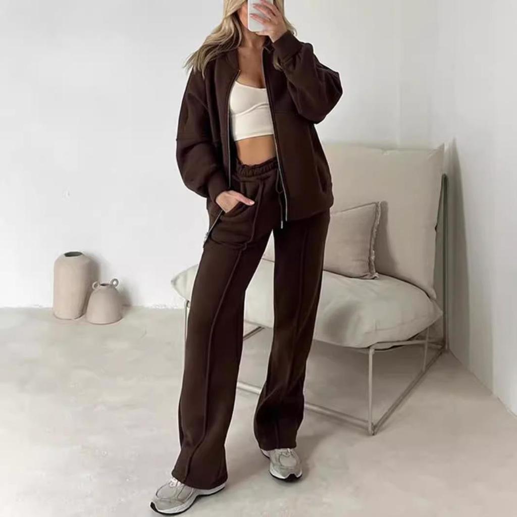 Women's Casual Sportswear Set Zip-Up Hoodie with Wide Leg Pants In Army Green, Dark Green, Gray, Brown, Beige