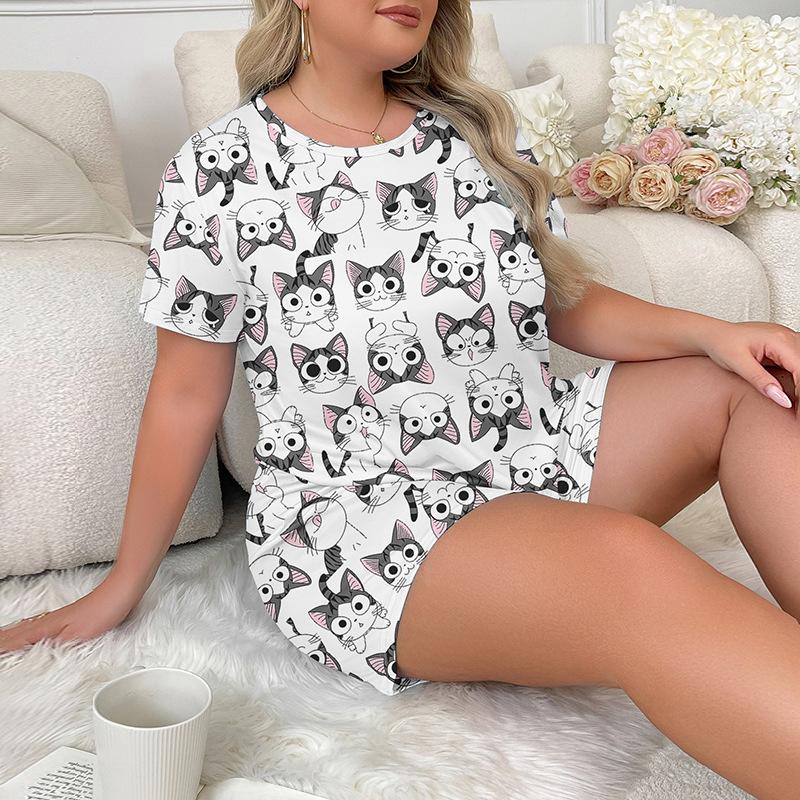 Summer Plus Size 3XL 4XL 5XL Short Sleeve Tops and Shorts Pajamas Set Casual Oversized Cartoon Printing White Pyjamas for Women Sleepwear Set Homewear