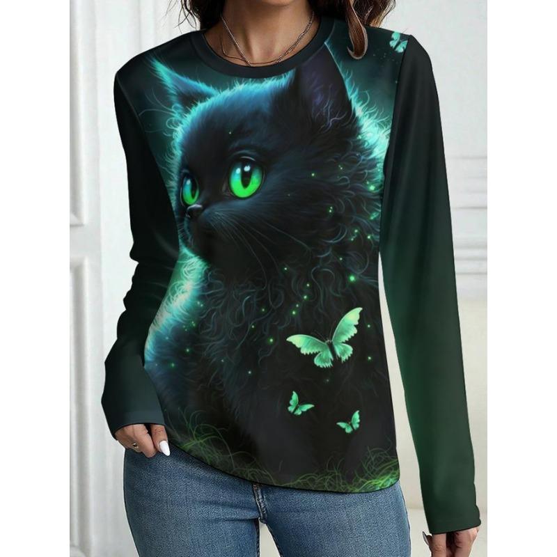 Fashion Cute Cat Print Women Long Sleeve T Shirt Crew Neck Pullover Tops Casual Fall Trend Women's Clothing Tops Tees