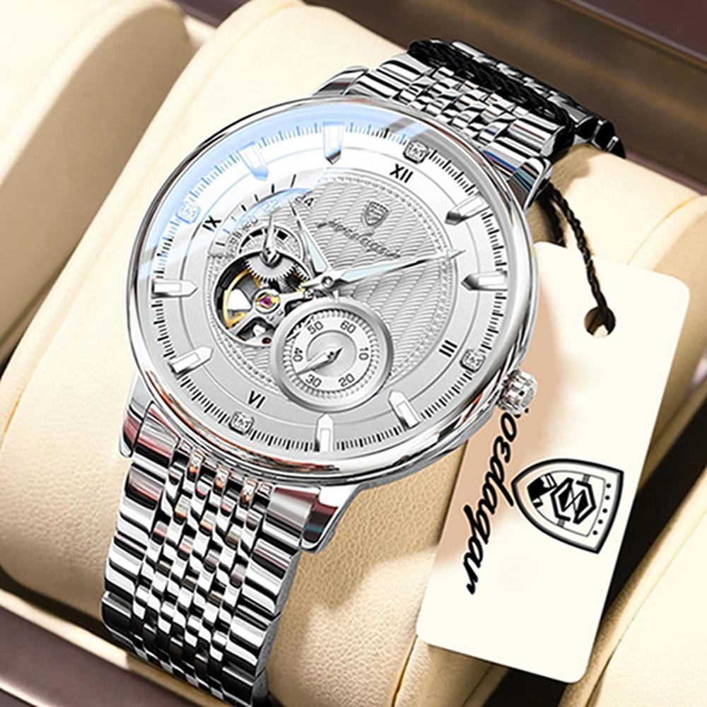 POEDAGAR Moda İş Erkek Saati Su Geçirmez Aydınlık Oyuklu Tourbillon Erkek Saat Otomatik Mekanik Saatler