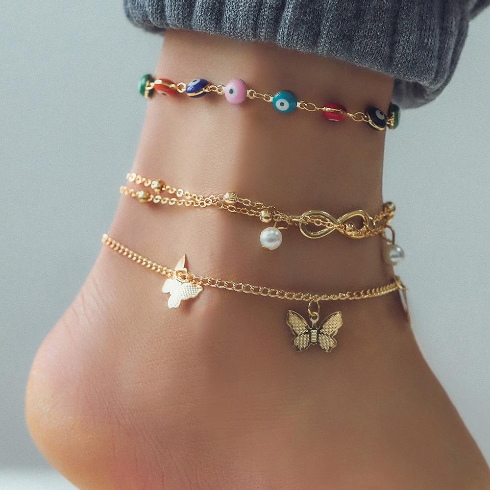 New European and American Foot Accessories Fashionable Butterfly Numbers8Double-layer colored beads3Adjustable Anklet Set