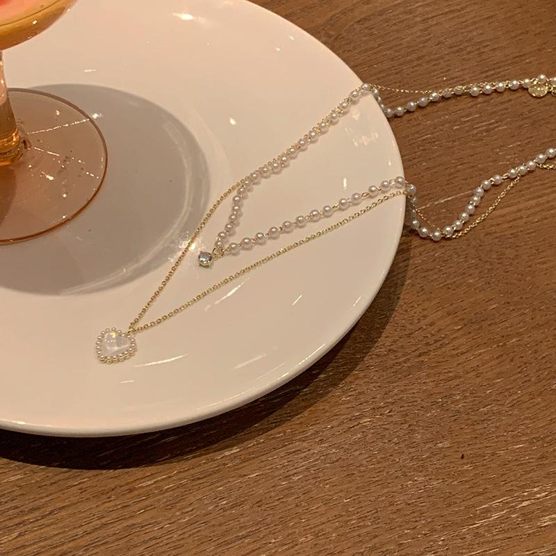 Double-Layer Highlight Pearl Love Necklace Women S Fashion Rhinestone Design Sense Stacked With Opal Collarbone Chain