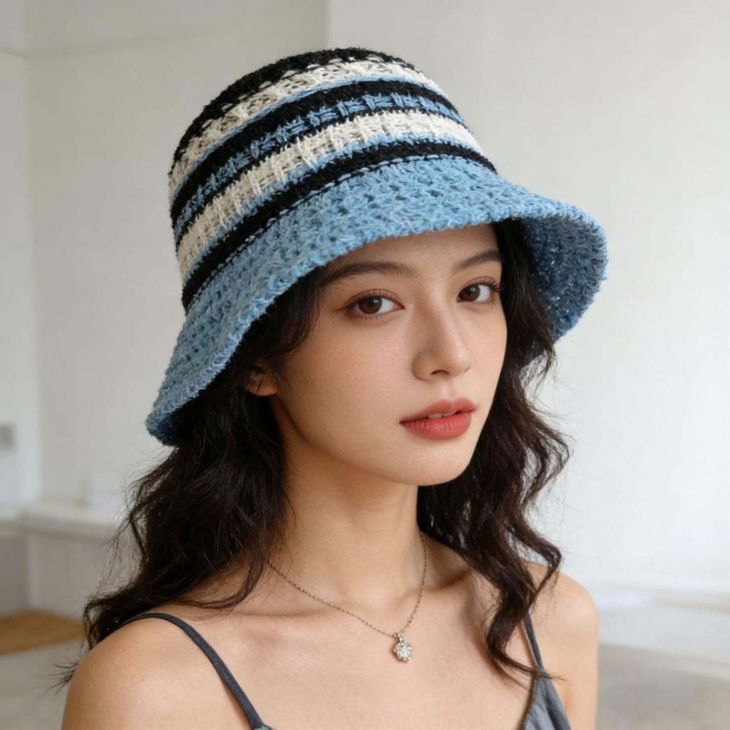 Color knitted hollow breathable bucket hat women's summer outdoor face small sunshade bucket hat women's basin hat