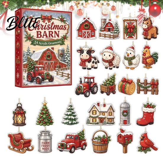 Kids Holiday Activity Ornament Set Calendar 24Pcs Christmas Advent Sets Farm Acrylic 2D with Rustic