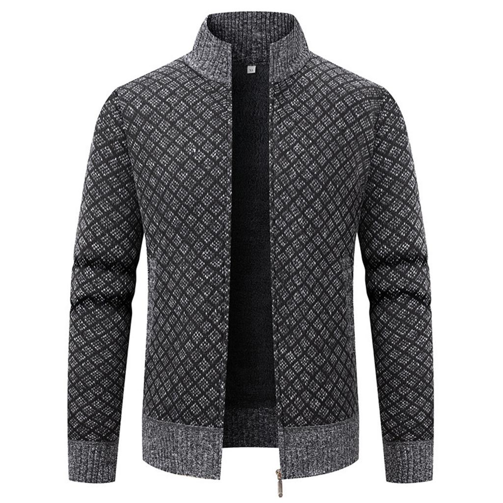 Men's Stand Collar Plus Velvet Thickened Long Sleeve Cardigan Knitted Jacket Men's Warm Sweater