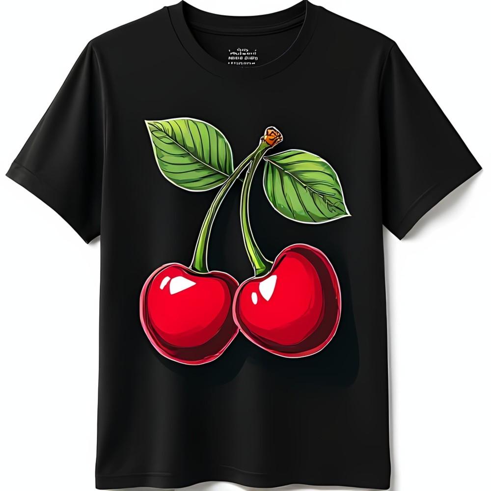 Bold Cherry Graphic Tshirt On Black Background Eye Catching Fruit Design S
