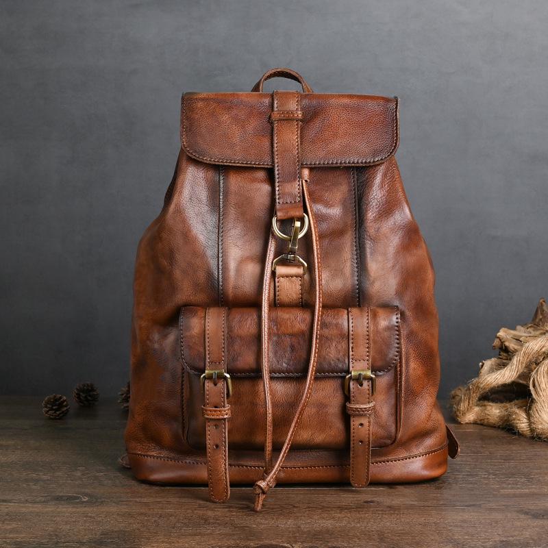 Chaozhou Vintage Handmade Leather Backpack for Casual Travel, 14-Inch Laptop Bag