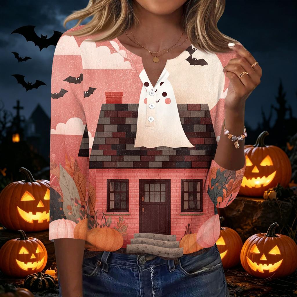 Women's Casual Halloween Print V Neck Button Front Three Quarter Sleeve T Shirt Top Lightweight Soft Fabric Comfortable Fit