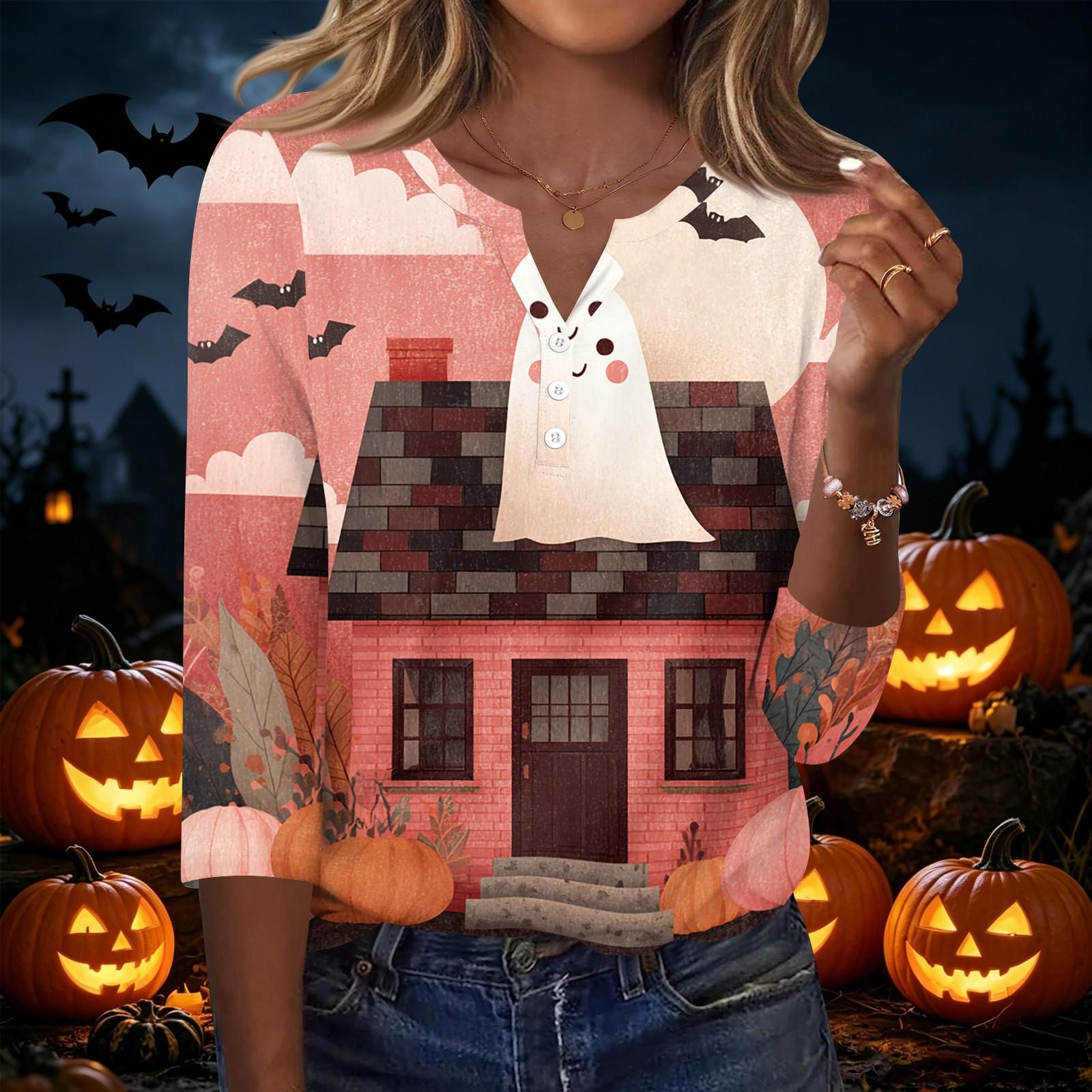 Women s Halloween V-Neck Button Printed T-Shirt - Three-Quarter Sleeve Casual Blouse for Holiday Party XL