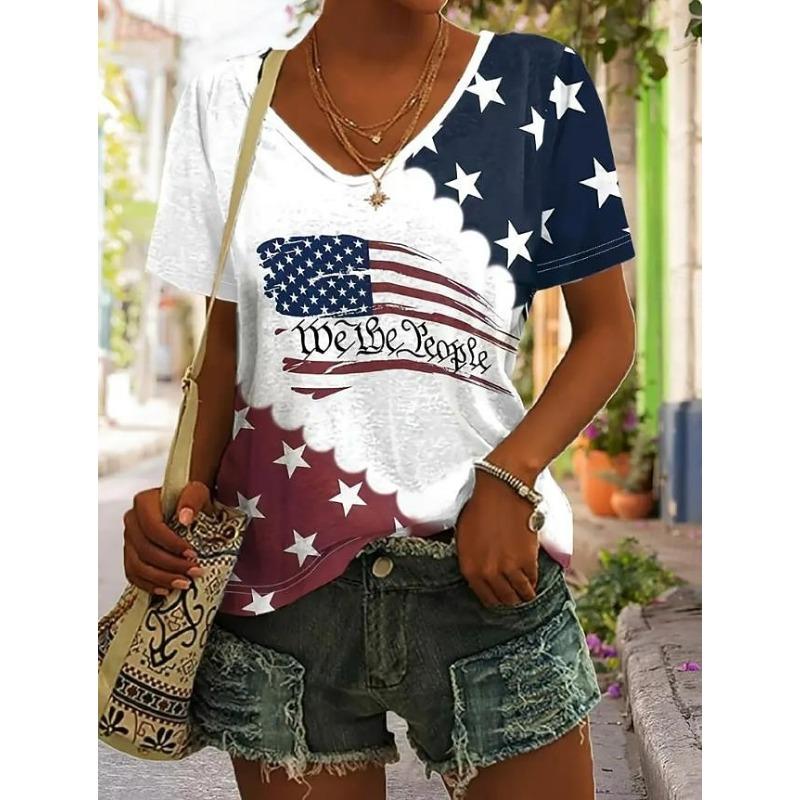Independence Day Patriotic Women's T Shirt Flag Flag National Flag Casual Red White And Blue Short Sleeve