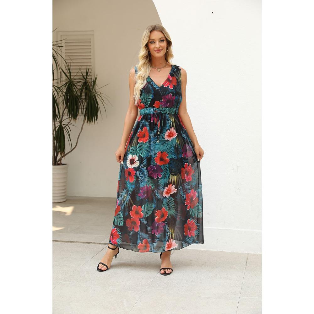 Women's V Neck Sleeveless Tropical Print Maxi Dress High Waist A Line Casual Beach Dress