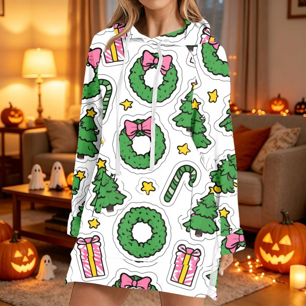 Women's Casual Christmas Print Long Sleeve Hooded Sweatshirt Top