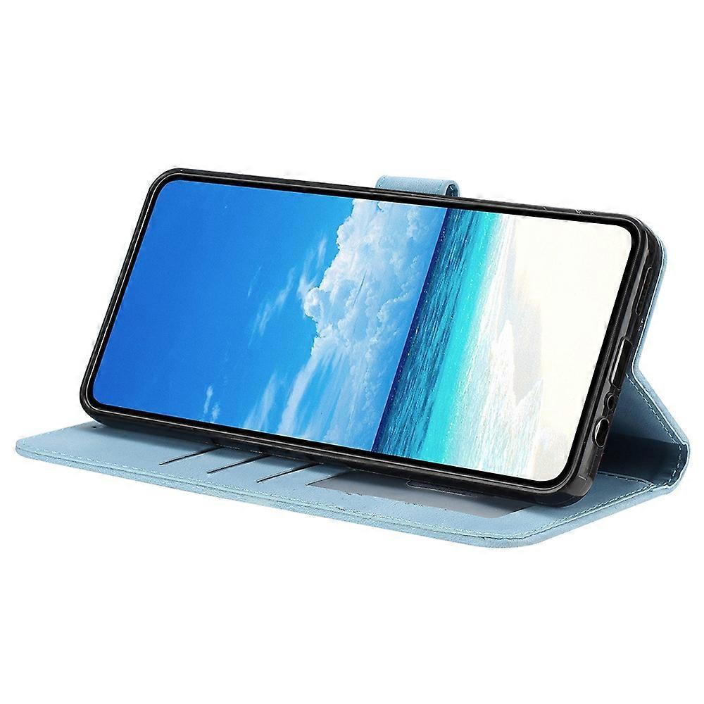 For iPhone 16e Wallet Case Rose Pattern Imprinted Leather Flip Stand Phone Cover - Sky Blue