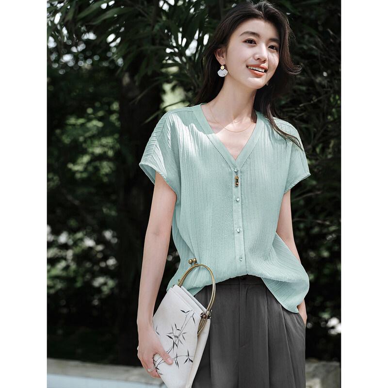XWI Women s Elegant New Chinese Style V-Neck Short Sleeve Blouse S