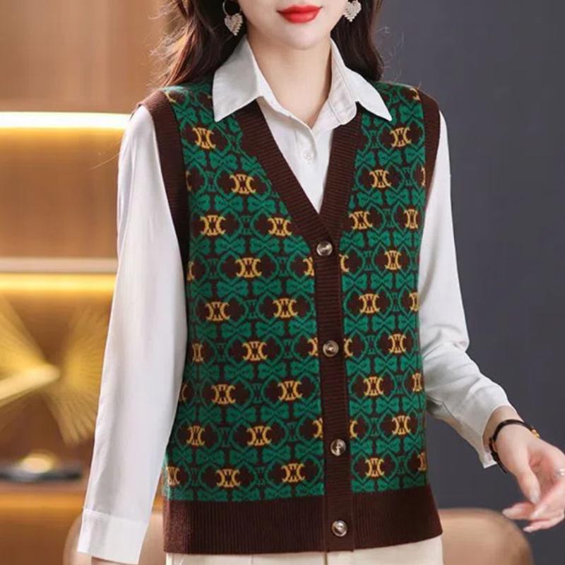 

Осень Зима Женский Свитер Жилет Пальто Темперамент Мода V-образный вырез Пуговицы Принт Винтажный Вязаный Свободный Кардиган Безрукавные Топы L зелёный