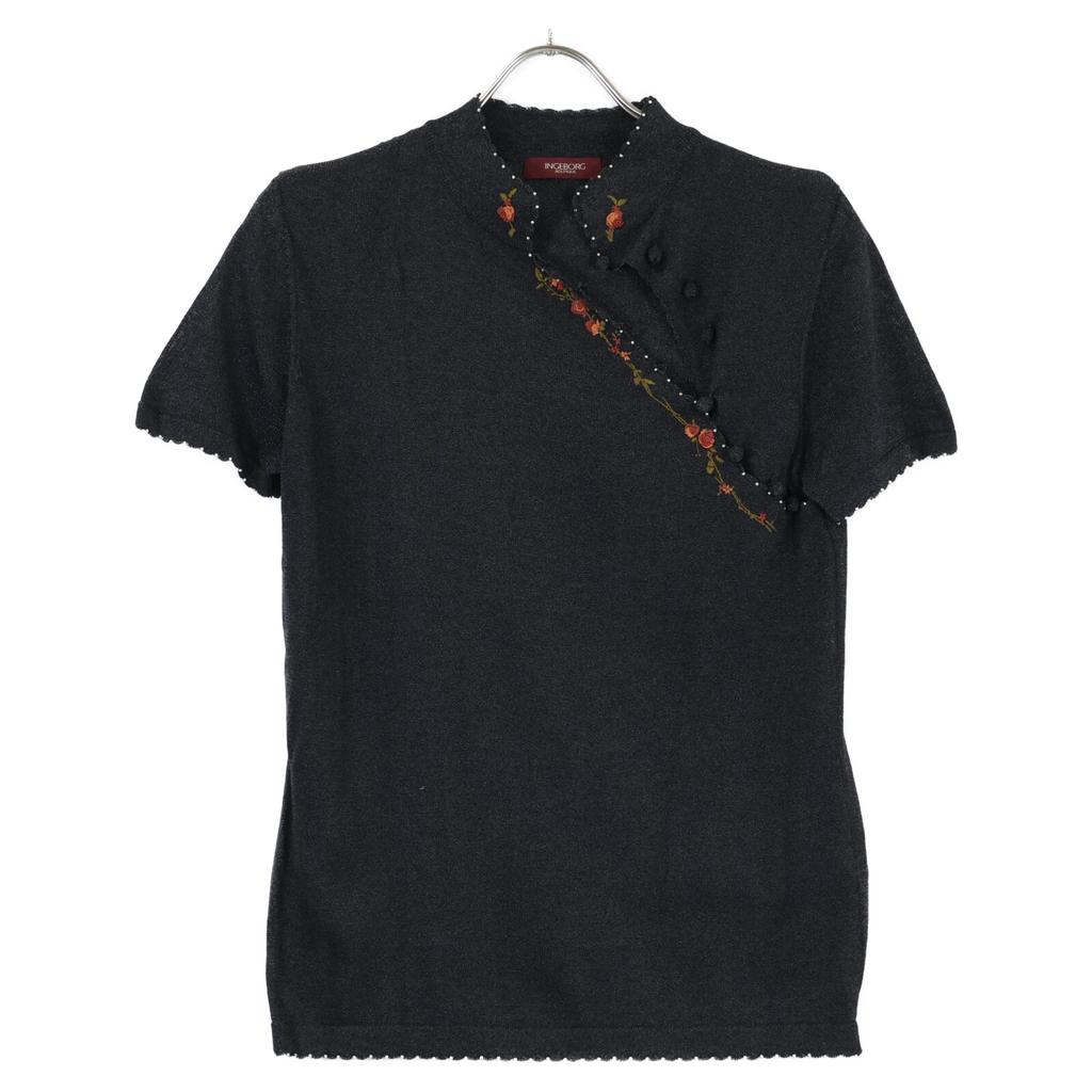 INGEBORG Flower embroidery glitter knit ensemble/ tops L Charcoal grayUsed
