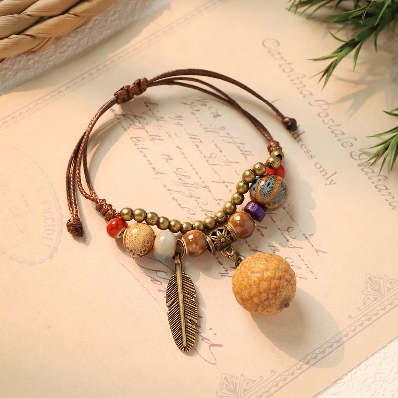 Adjustable Hand Woven Bracelets Women Ceramics Natural Plant Acorn Hand Strap Vintage Forest Series Beaded Rope Chain