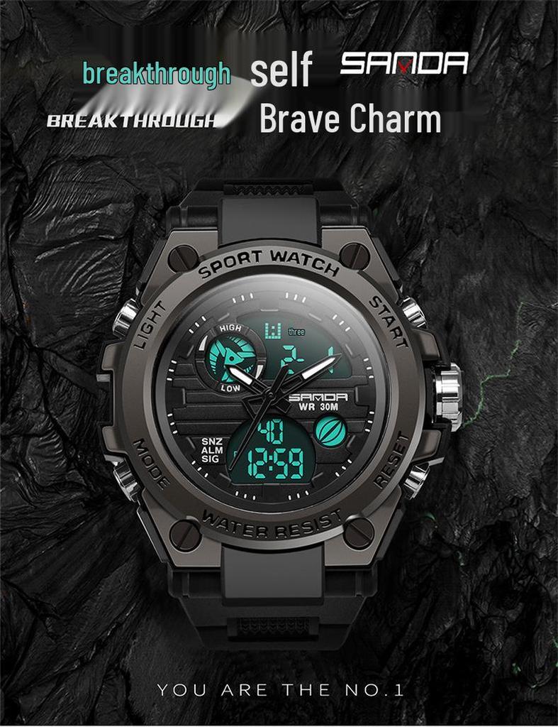 Sanda Men's Tactical Waterproof Multifunctional Digital Watch with Large Dial and Night Glow.
