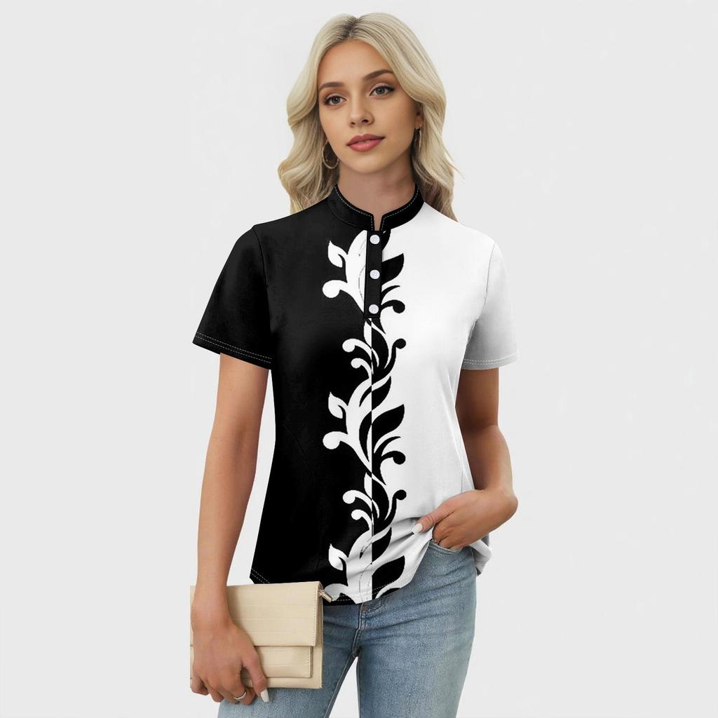 Women's Casual Floral Print V-Neck Short Sleeve Decorative Button T-Shirt Top