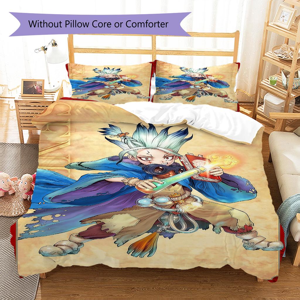 Dr STONE Pattern Bedding,Quilt Set Quilt Cover Pillowcase Home Birthday Gift (1 * Duvet Cover + 2 * Pillowcase, Without Core)