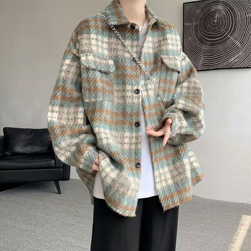 Hong Kong Retro Plaid Woolen Student Jacket: Loose Fit, Versatile Men's Long-Sleeve Top