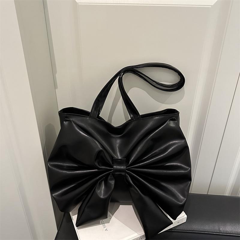 Bow Pleated Design Women's Pu Leather Shoulder Bags Sweet Solid Color Ladies Tote Bag Large Capacity College Female Handbags