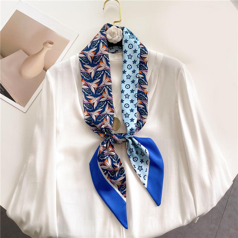 Fashion Double-layer Simulated Silk Women's Headscarf, Spring and Autumn Thin Streamer Bevel Scarf Temperament Small Silk Scarf Decorative Scarf Thin