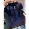 Women Stand Collar Mesh Panel Short Sleeve Top Navy Blue Slim Fit Blouse With Gold Buttons