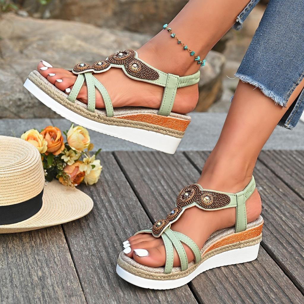Summer Oversized Bohemian Shoes for Women In Sandals Fashionable Water Diamond Wedge Heel Sandals
