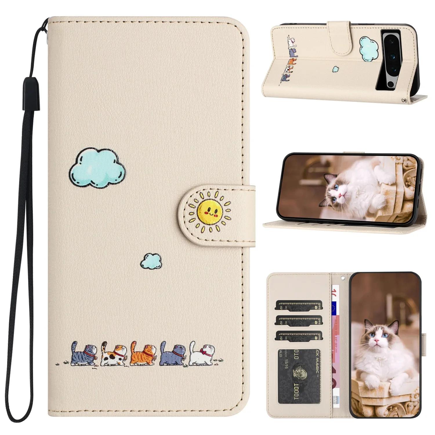 

Cute Cat Leather Cards Solt Wallet Phone Case For Google Pixel 8 9 Pro XL 7 7A 6A Stand Book Flip Bag Cover Pocket Slim Fundas For Pixel 6A бежевый