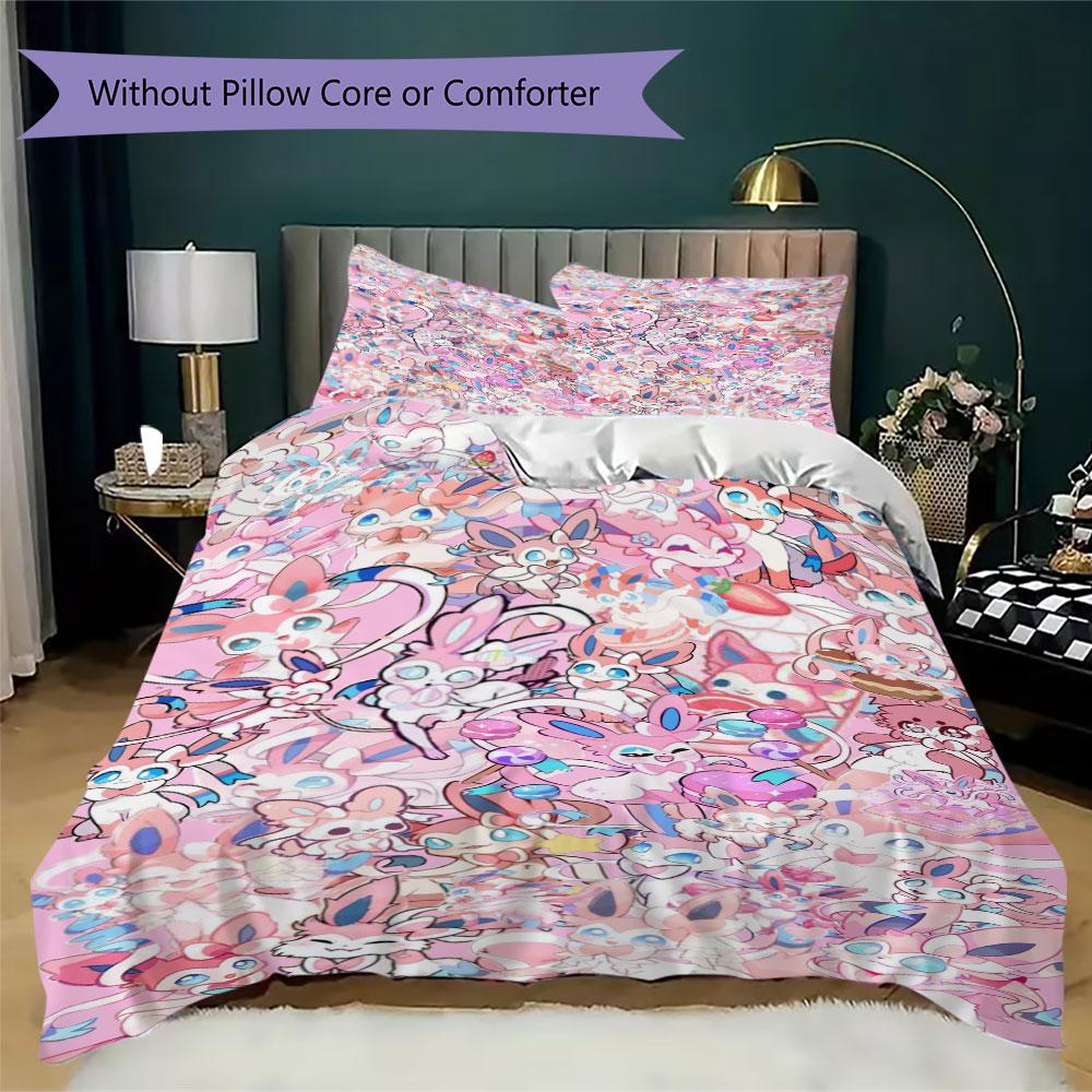 Pink Sylveon Design 3 Piece Bedding Set Cute Pokemon Theme Duvet Cover Pillowcases For Kids Girls Room