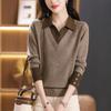 Women Fake Two Piece Turn Down Collar Long Sleeve Short Knit Pullover Sweater