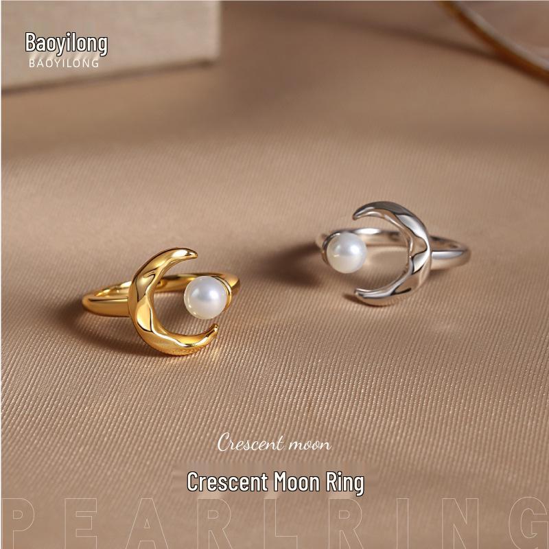 

Korean Crescent Moon Pearl Adjustable S925 Silver Ring