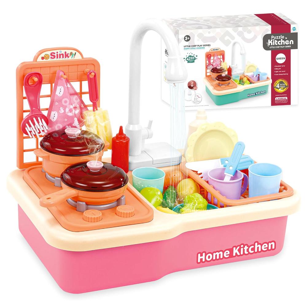 

Toddlers Pretend Play Kitchen With Running Water, Girls Electric Faucet Playset With Stove, Pot, Pan, Play Food, Birthday Gifts розовый