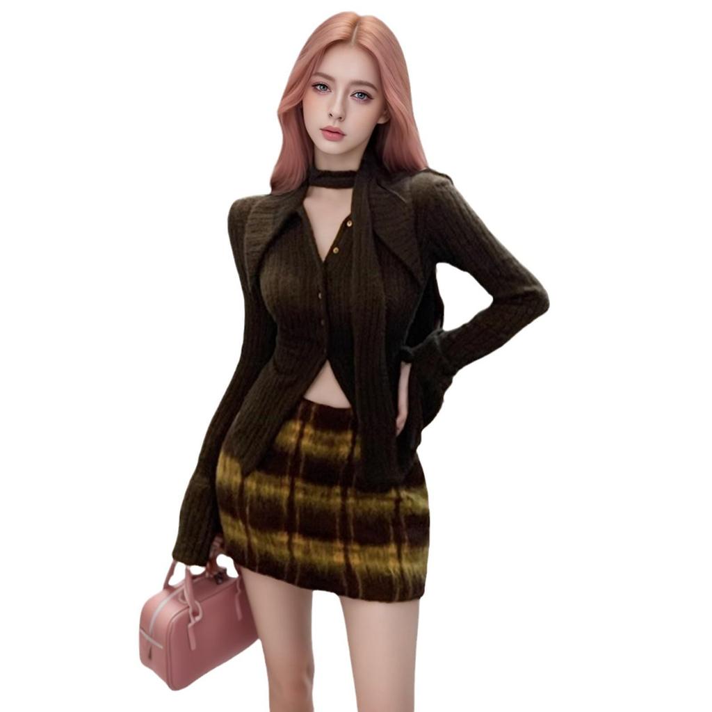 2024 Women's Plaid Cardigan and Hip-Wrapping Skirt Set - Long-Sleeve, Autumn/Winter
