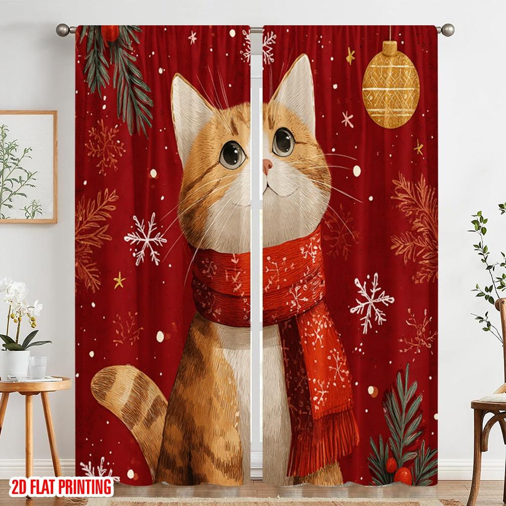 2pcs,2D Plane Printing Minimalist Curtains Snowflake Cat Versatile Polyester (without Rod) Gifts Use for Bedroom, Contemporary