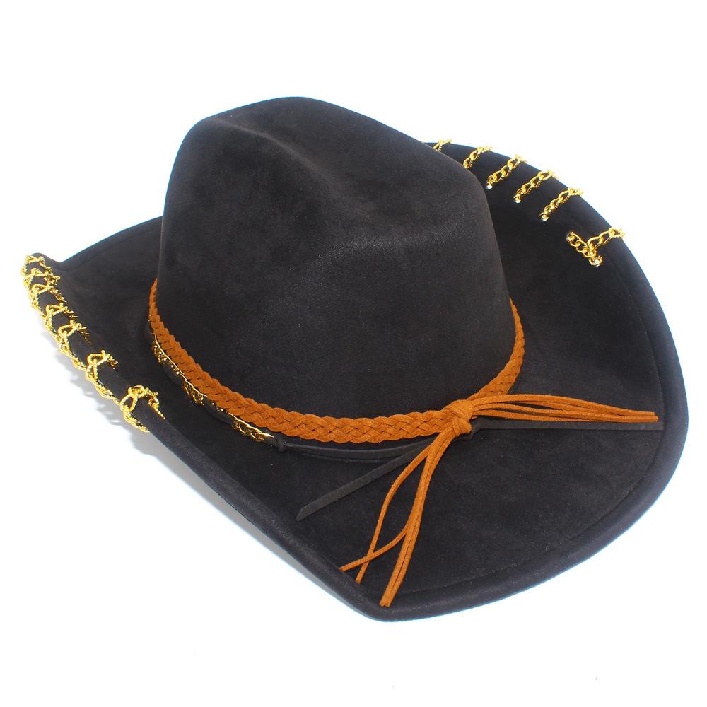Yeni trend havalı metal zincirli western kovboy şapkası moda geniş kenarlı güneş şapkası süet caz şapkası