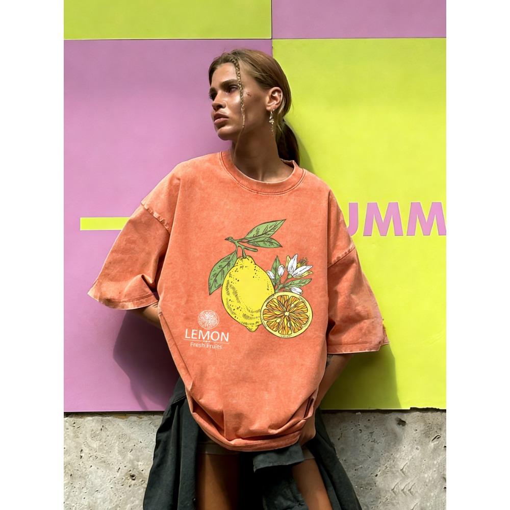 

Fresh Fruits Lemon Printing Washed T Shirts Women Cotton T-Shirt Sport Summer Clothing Loose Hip Hop Short Sleeves S