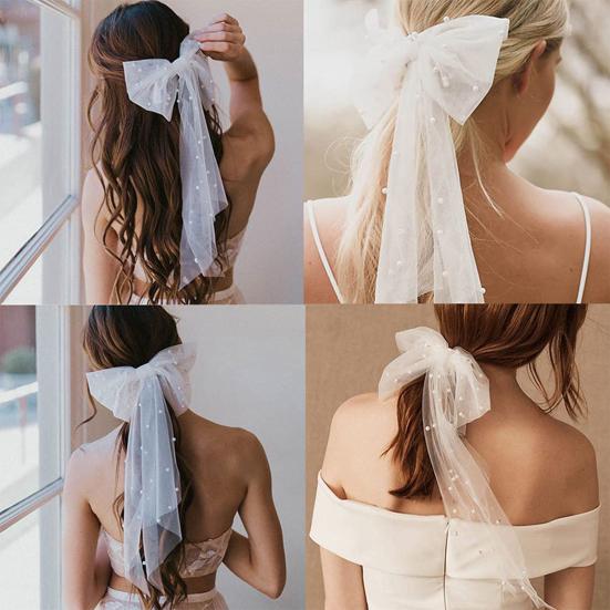 Bridal Hair Clip with Bow Faux Pearl Veil Wedding Headdress White Tulle Wedding Day Honeymoon Hair Accessory