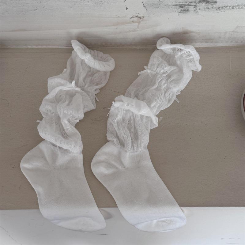 Bowknot Pleated Bubble Pile Socks Summer Thin Breathable Hot Girl Mid-calf Sweet Socks