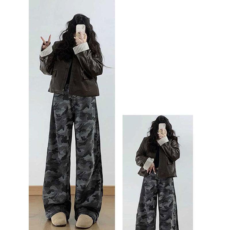 Camouflage color design tooling jeans women's large-size women's clothing Spice Girl style new high street fat mm slim wide-leg pants